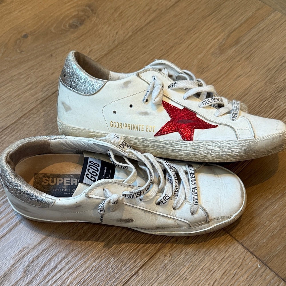 Golden Goose White Sneakers with Red Star and Silver Details